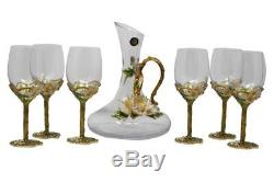 RORO Enameled and Jeweled Bohemian Crystal Wine Goblets Glasses & Jug Water Set