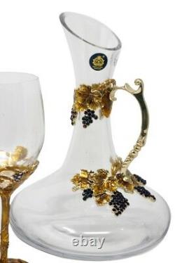 RORO Enameled and Jeweled Bohemian Crystal Wine Goblets Glasses Set with Jug