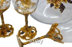 RORO Enameled and Jeweled Bohemian Crystal Wine Goblets Glasses Set with Jug