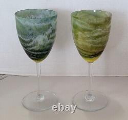 Rare 1976 Set Of 2 Steve Maslach Studio Art Glass Crystal Wine Goblets Signed