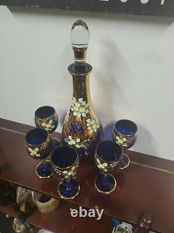 Rare Antique Bohemian MOSER cobalt blue Crystal Set 7pc Wine Goblets & Decanter