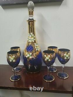 Rare Antique Bohemian MOSER cobalt blue Crystal Set 7pc Wine Goblets & Decanter