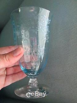 Rare Set 4 Iced Tea Fostoria Blue Meadow Rose Crystal Footed Tumbler Glasses