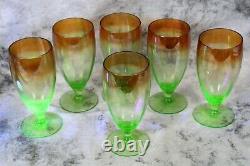 Rare Vintage Set 6 Green Vaseline Uranium Shaded Amber Glass Goblets Wine Glass