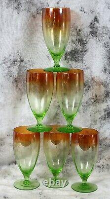 Rare Vintage Set 6 Green Vaseline Uranium Shaded Amber Glass Goblets Wine Glass