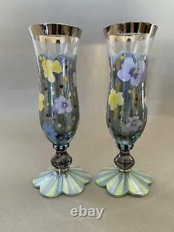 Rare Vintage Set of 2 Mackenzie Childs Pansy Platinum Rim Wine Glasses Goblets