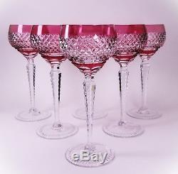 Ruby Cranberry Crystal Cased Cut to Clear Set of 6 Glass Wine Hocks