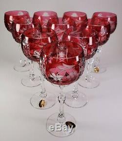 Ruby Cranberry Cut To Clear Set Of 10 Tall Wine Grape Cut Hocks Dresden Crystal
