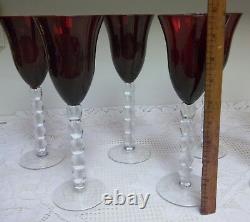 Ruby Red Flared Bowl Water Wine Goblet Stacked Ball Stem Blown Art Glass Set 8