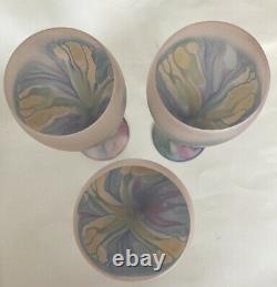 Rueven Art Nouveau Wine Glasses Frosted Pastel Swirl Glass Hand Painted Set 6