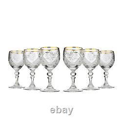 Russian Cut Crystal Crafted Wine Glass Set 8 oz Wine Glass, Gold Rim, Set of 6