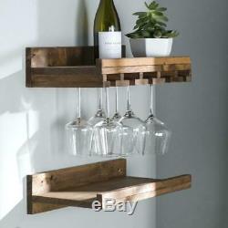 Rustic Wine Glass Rack Set Wall Mount Floating Storage Shelves 10 Glasses Holder