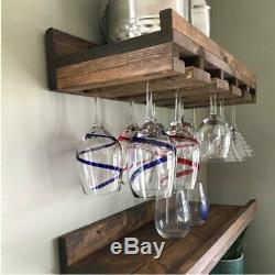 Rustic Wine Glass Rack Set Wall Mount Floating Storage Shelves 10 Glasses Holder