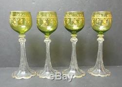 SET/4 19th C. MOSER BOHEMIAN ENAMELED ART GLASS WINE GOBLETS, c. 1885