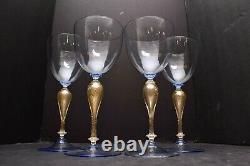 SET 4 Murano Glass Venetian Water Wine Goblets Hand Blown Blue W Gold Aventurine