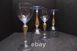 SET 4 Murano Glass Venetian Water Wine Goblets Hand Blown Blue W Gold Aventurine