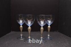 SET 4 Venetian Murano Glass Water Wine Goblets Hand Blown Blue W Gold Aventurine