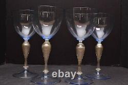 SET 4 Venetian Murano Glass Water Wine Goblets Hand Blown Blue W Gold Aventurine