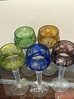 SET 5 BOHEMIAN CRYSTAL CLEAR Ind Wine GOBLETS Multi Colored Germany