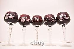 SET 5 BOHEMIAN CZECH CUT TO CLEAR CRYSTAL Wine Hocks Glasses Goblet RUBY RED VTG