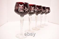 SET 5 BOHEMIAN CZECH CUT TO CLEAR CRYSTAL Wine Hocks Glasses Goblet RUBY RED VTG