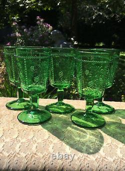 SET 5 EAPG Antique 1899 US GLASS Goblets GREEN Stemware BEADED Grape VICTORIAN