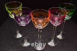 SET 5 MOSER Crystal CUT TO CLEAR Hock Wine Glasses Lady Hamilton MULTI Colored