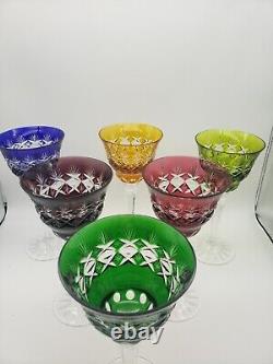 SET 6 BOHEMIAN CZECH CUT TO CLEAR CRYSTAL Wine Glasses GOBLETS Multi Colored 8