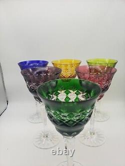 SET 6 BOHEMIAN CZECH CUT TO CLEAR CRYSTAL Wine Glasses GOBLETS Multi Colored 8