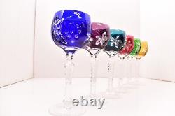 SET 6 BOHEMIAN CZECH CUT TO CLEAR CRYSTAL Wine Hocks Glasses Goblet MULTI COLOR