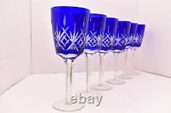SET 6 BOHEMIAN CZECH CUT TO CLEAR CRYSTAL Wine Hocks Glasses Goblets Cobalt BLUE