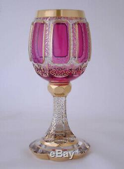 SET 8 ANTIQUE 19thC MOSER BOHEMIAN GILT CRANBERRY CABOCHON WINE GOBLETS GLASS