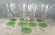 SET 9 Art Deco Green Vaseline Uranium Needle Etched Stem Wine Glasses 6 7/8