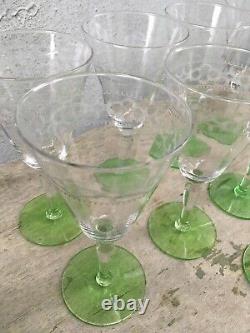 SET 9 Art Deco Green Vaseline Uranium Needle Etched Stem Wine Glasses 6 7/8
