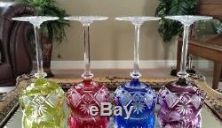 SET OF (4) Vintage Val St Lambert Multi Color Cut to Clear Crystal Wine Goblets
