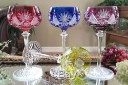 SET OF (4) Vintage Val St Lambert Multi Color Cut to Clear Crystal Wine Goblets