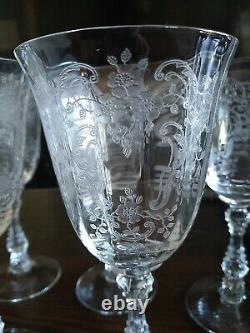 SET OF 6 Fostoria Etched Crystal Meadow Rose 7 5/8 Water Wine Goblet Glasses