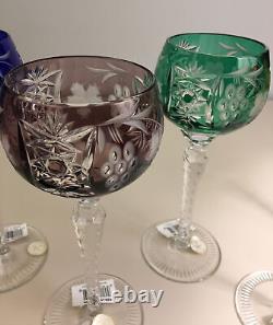 SET Of 6 Hungarian CUT TO CLEAR CRYSTAL Wine Hocks Glasses Goblet MULTI COLOR