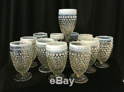 SET of 12 Moonstone Opalescent Clear Glass Hobnail WATER/WINE GOBLETS 5.25