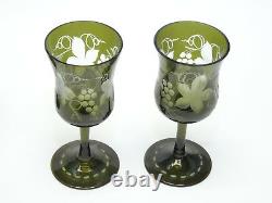 SET of 6 ANTIQUE BOHEMIAN CZECH GREEN ETCHED GRAPE & LEAF WINE GLASS GOBLET