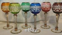 SET of 6 Bohemian MULTI COLOR Cut to Clear CRYSTAL Wine Goblets HOCKS with Gold
