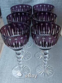 SET of 6 PURPLE / AMETHYST CUT TO CLEAR CRYSTAL WATER/WINE GLASSES XENIA new