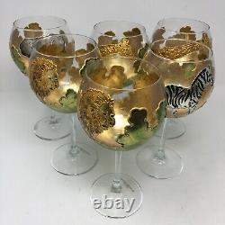 Safari Hand-Gilded Zebra Elephant Animal in Forest Decorated Wine Glass Set of 6