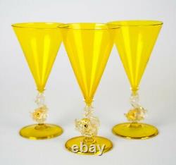 Salviati Murano Canary Yellow Dolphin Stem Wine Goblet Glasses Set 3 Art Glass