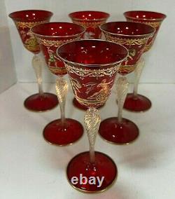 Salviati Red Murano Glass Enamel Goblet / Wine Glass Set Of 6