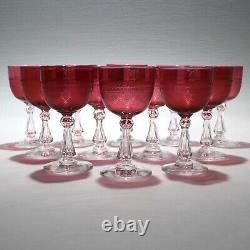 Set 12 Antique Cranberry Red Crystal Engraved Cordial Wine Glasses English GL
