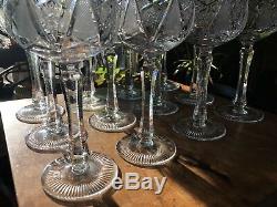 Set 12 mint Cut Crystal Glass Bohemian Hock Wine Goblets + 2 Bonus Smaller