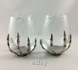 Set/2 Pottery Barn Silver Metal Skeleton Hand Stemless Wine Glasses Halloween