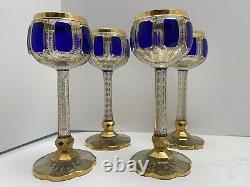 Set 4 Antique Moser Cobalt Raised Panel Hock Wine Glasses / Goblets