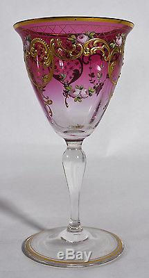 Set 4 Antique Venetian Glass Wine Goblets Enameled Pink Roses & Gold Tracery